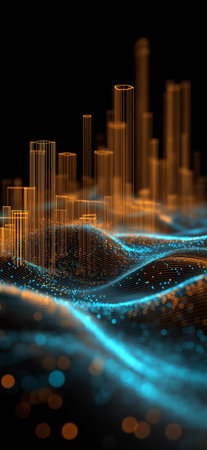 Glowing particles forming a futuristic cityscape with emerging skyscrapers on a dark background....