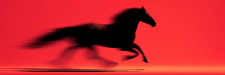Black equine silhouette fast running with blur effect symbolizing speed and dynamism. Black horse silhouette galloping with motion blur on red backgroundの写真素材