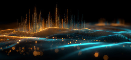 Glowing particles forming a futuristic cityscape with emerging skyscrapers on a dark background....