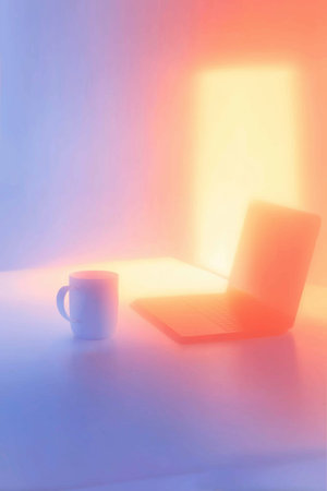 Blurry mug and laptop on desk with bright gradients representing work from home. Blurry desk with mug and laptop creating home office conceptの写真素材
