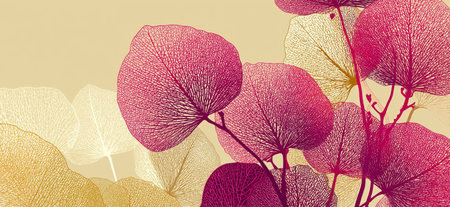 Transparent leaves in pink and yellow hues forming an elegant artistic background. Abstract skeletal...