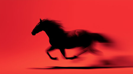 Black equine silhouette fast running with blur effect symbolizing speed and dynamism. Black horse silhouette galloping with motion blur on red backgroundの写真素材