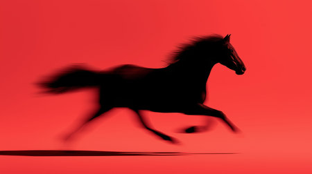 Black equine silhouette fast running with blur effect symbolizing speed and dynamism. Black horse silhouette galloping with motion blur on red backgroundの写真素材
