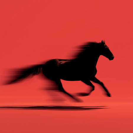 Black equine silhouette fast running with blur effect symbolizing speed and dynamism. Black horse silhouette galloping with motion blur on red backgroundの写真素材