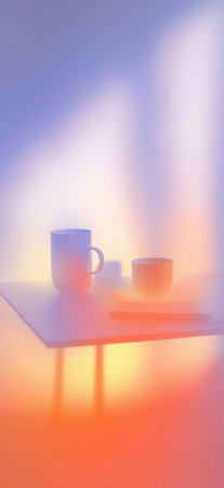 Blurry mug and laptop on desk with bright gradients representing work from home. Blurry desk with...