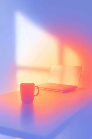 Blurry mug and laptop on desk with bright gradients representing work from home. Blurry desk with mug and laptop creating home office conceptの写真素材