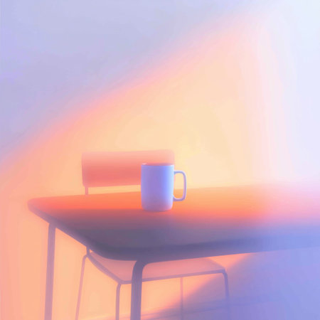 Blurry mug and laptop on desk with bright gradients representing work from home. Blurry desk with...