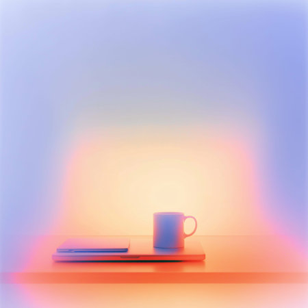Blurry mug and laptop on desk with bright gradients representing work from home. Blurry desk with...