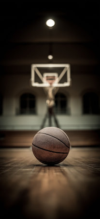 Basketball resting on a wooden court floor with blurred background, emphasizing sport and competition. Basketball resting on wooden court, game conceptの写真素材
