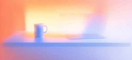 Blurry mug and laptop on desk with bright gradients representing work from home. Blurry desk with...