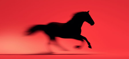 Black equine silhouette fast running with blur effect symbolizing speed and dynamism. Black horse...