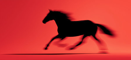 Black equine silhouette fast running with blur effect symbolizing speed and dynamism. Black horse...