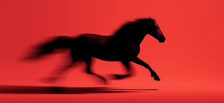 Black equine silhouette fast running with blur effect symbolizing speed and dynamism. Black horse silhouette galloping with motion blur on red backgroundの写真素材