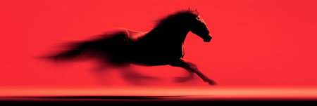 Black equine silhouette fast running with blur effect symbolizing speed and dynamism. Black horse silhouette galloping with motion blur on red backgroundの写真素材