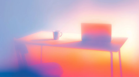 Blurry mug and laptop on desk with bright gradients representing work from home. Blurry desk with mug and laptop creating home office conceptの写真素材