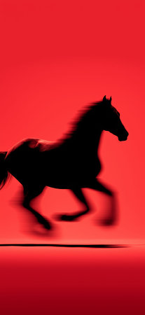 Black equine silhouette fast running with blur effect symbolizing speed and dynamism. Black horse silhouette galloping with motion blur on red backgroundの写真素材