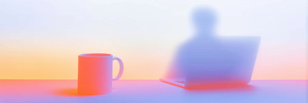 Blurry mug and laptop on desk with bright gradients representing work from home. Blurry desk with mug and laptop creating home office conceptの写真素材