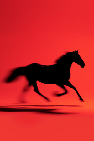 Black equine silhouette fast running with blur effect symbolizing speed and dynamism. Black horse silhouette galloping with motion blur on red backgroundの写真素材