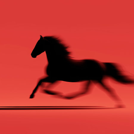 Black equine silhouette fast running with blur effect symbolizing speed and dynamism. Black horse silhouette galloping with motion blur on red backgroundの写真素材