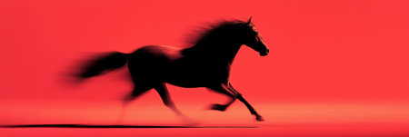 Black equine silhouette fast running with blur effect symbolizing speed and dynamism. Black horse silhouette galloping with motion blur on red backgroundの写真素材