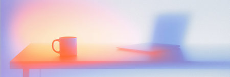 Blurry mug and laptop on desk with bright gradients representing work from home. Blurry desk with mug and laptop creating home office conceptの写真素材
