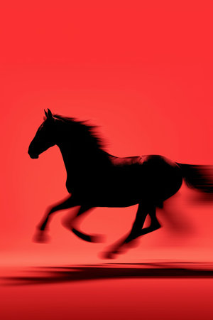 Black equine silhouette fast running with blur effect symbolizing speed and dynamism. Black horse silhouette galloping with motion blur on red backgroundの写真素材