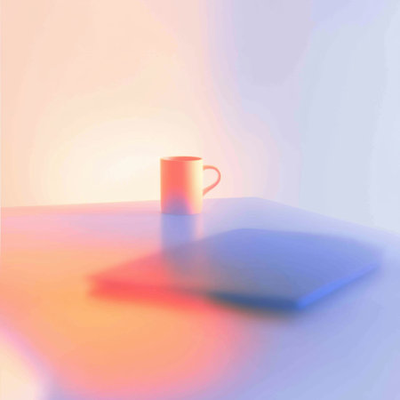 Blurry mug and laptop on desk with bright gradients representing work from home. Blurry desk with...