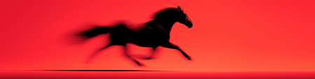 Black equine silhouette fast running with blur effect symbolizing speed and dynamism. Black horse silhouette galloping with motion blur on red backgroundの写真素材