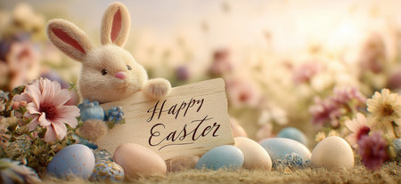 Cute bunny holding a Happy Easter sign surrounded by pastel eggs and spring flowers. Easter greeting...