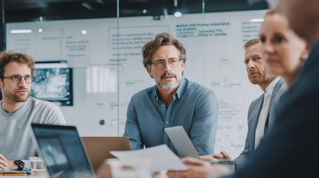 Professionals discussing AI systems and new product development during a serious business meeting. Business professionals collaborating in a corporate meeting roomの写真素材