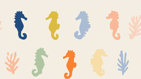 Playful seahorses forming a cute children's pastel colored seamless pattern on a white background. Colorful seahorses creating a playful ocean seamless patternの写真素材