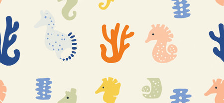 Playful seahorses forming a cute children's pastel colored seamless pattern on a white background. Colorful seahorses creating a playful ocean seamless patternの写真素材