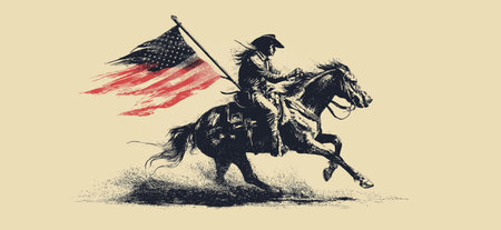 Cowboy riding a running horse, holding a Confederate flag in vintage screen print style. Cowboy riding horse holding Confederate Civil War flagの写真素材