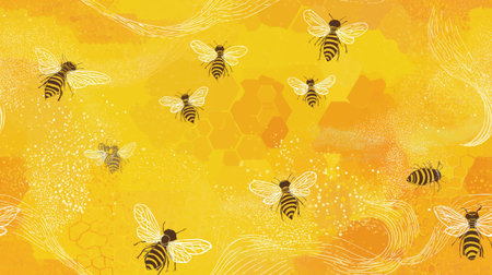 Busy flying bees on a golden yellow background with honeycomb and abstract textures. Flying bees creating seamless honey pattern backgroundの写真素材