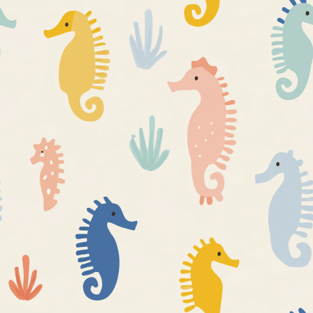 Playful seahorses forming a cute children's pastel colored seamless pattern on a white background. Colorful seahorses creating a playful ocean seamless patternの写真素材