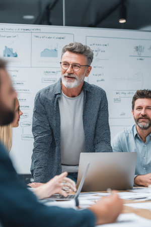 Professionals discussing AI systems and new product development during a serious business meeting....