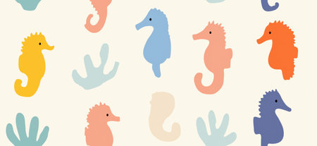 Playful seahorses forming a cute children's pastel colored seamless pattern on a white background. Colorful seahorses creating a playful ocean seamless patternの写真素材