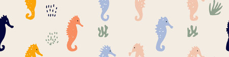 Playful seahorses forming a cute children's pastel colored seamless pattern on a white background. Colorful seahorses creating a playful ocean seamless patternの写真素材