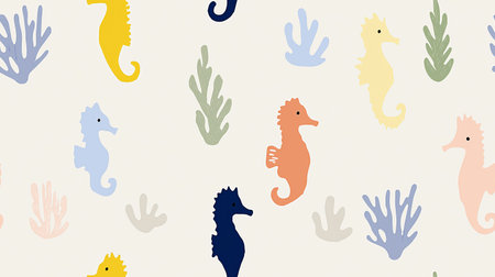 Playful seahorses forming a cute children's pastel colored seamless pattern on a white background. Colorful seahorses creating a playful ocean seamless patternの写真素材