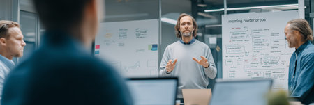 Professionals discussing AI systems and new product development during a serious business meeting....