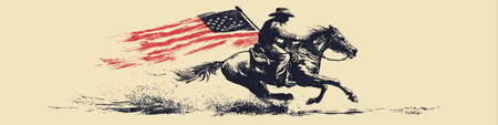 Cowboy riding a running horse, holding a Confederate flag in vintage screen print style. Cowboy riding horse holding Confederate Civil War flagの写真素材