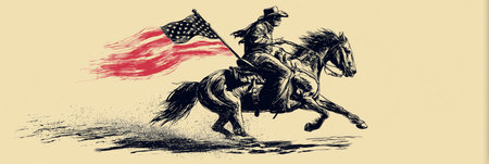 Cowboy riding a running horse, holding a Confederate flag in vintage screen print style. Cowboy riding horse holding Confederate Civil War flagの写真素材