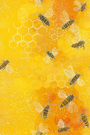 Busy flying bees on a golden yellow background with honeycomb and abstract textures. Flying bees...
