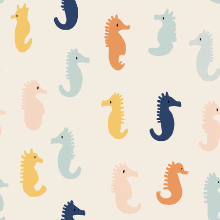 Playful seahorses forming a cute children's pastel colored seamless pattern on a white background. Colorful seahorses creating a playful ocean seamless patternの写真素材