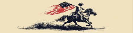 Cowboy riding a running horse, holding a Confederate flag in vintage screen print style. Cowboy riding horse holding Confederate Civil War flagの写真素材