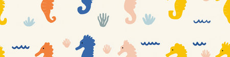 Playful seahorses forming a cute children's pastel colored seamless pattern on a white background. Colorful seahorses creating a playful ocean seamless patternの写真素材
