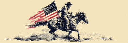 Cowboy riding a running horse, holding a Confederate flag in vintage screen print style. Cowboy riding horse holding Confederate Civil War flagの写真素材