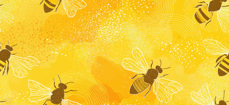 Busy flying bees on a golden yellow background with honeycomb and abstract textures. Flying bees creating seamless honey pattern backgroundの写真素材