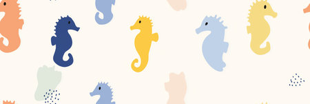 Playful seahorses forming a cute children's pastel colored seamless pattern on a white background. Colorful seahorses creating a playful ocean seamless patternの写真素材