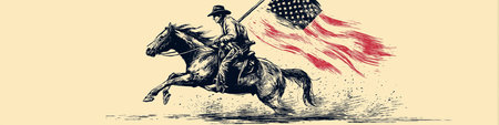 Cowboy riding a running horse, holding a Confederate flag in vintage screen print style. Cowboy riding horse holding Confederate Civil War flagの写真素材